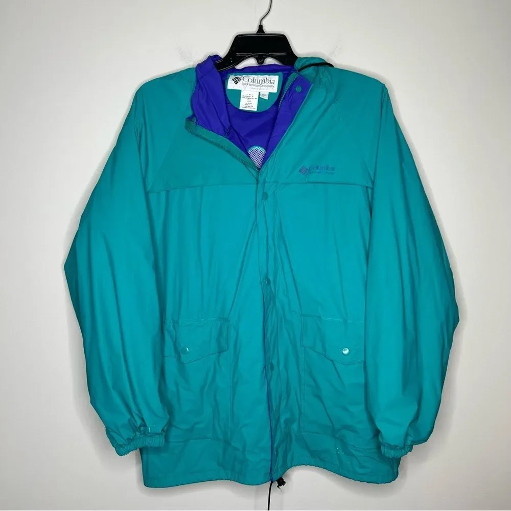 Vintage 90s 1990s Columbia Teal and blue waterproof PVC Jacket large - Picture 8 of 8